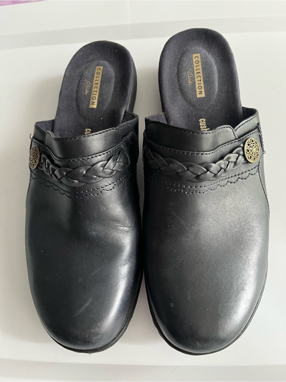Clarks Navy Braided Leather Clog Mules with Decorative Medallions